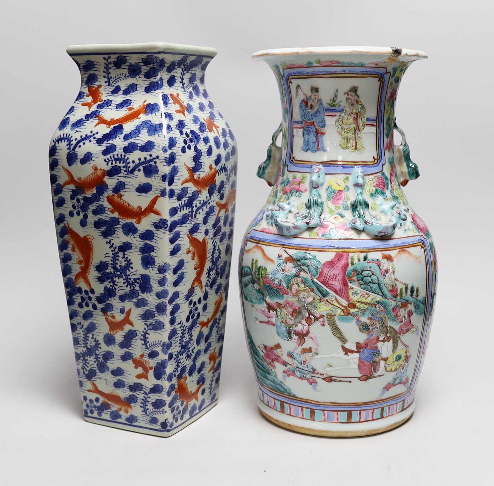 A 19th century Chinese famille rose vase, a squared Chinese vase and three celadon dishes, tallest 36cm